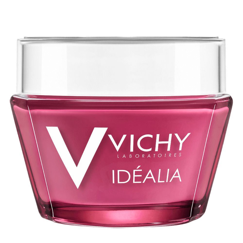 Glasbehälter mit rosa Creme. VICHY-Logo und Idéalia-Schriftzug. Rosa Creme im Glas.