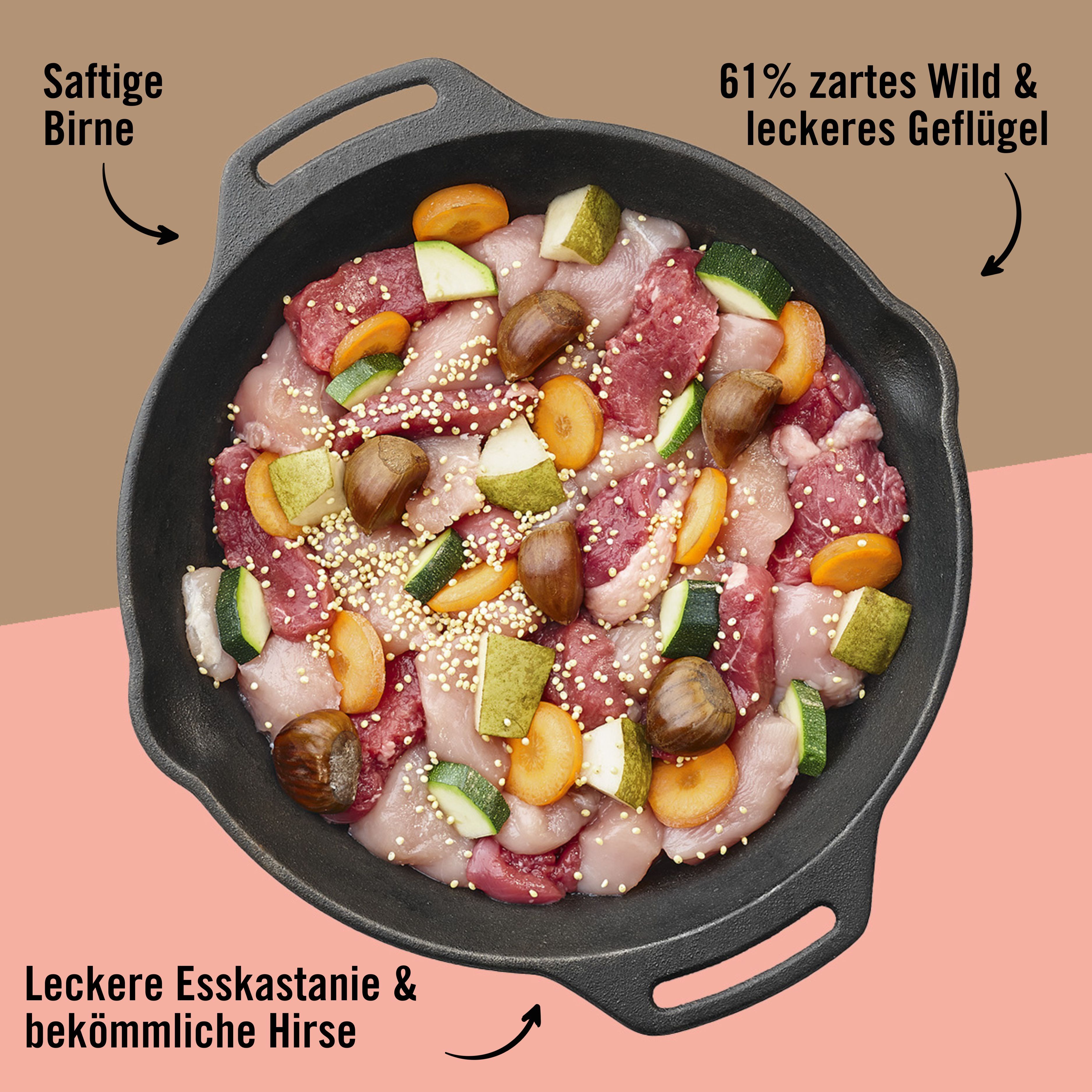 Nahaufnahme von Zutaten in einer schwarzen Pfanne: Wild, Geflügel, Birne, Karotte, Zucchini, Esskastanie und Hirse. Text: Saftige Birne, 61% zartes Wild & leckeres Geflügel.