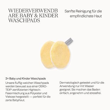 Zwei gelbe Waschpads mit Etikett. Text: Wiederverwendbare Baby & Kinder Waschpads. 2x Baby und Kinder Waschpads. Dermatologisch getestet und für Wasser geeignet.