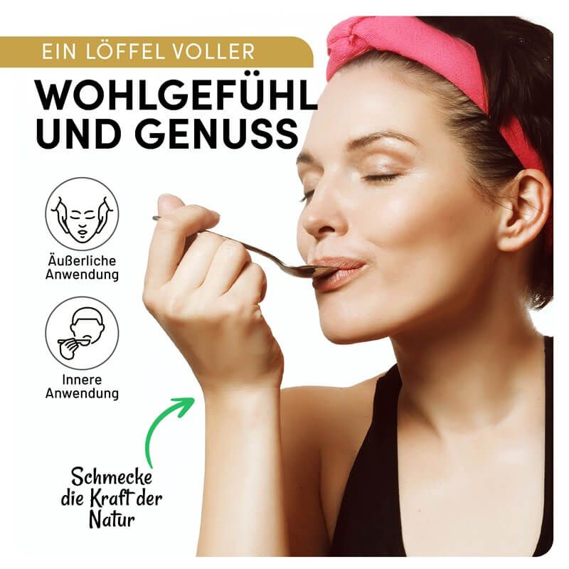 Frau isst Honig von einem Löffel. Text: "Ein Löffel voller Wohlgefühl und Genuss". Symbole: Äußere und innere Anwendung.