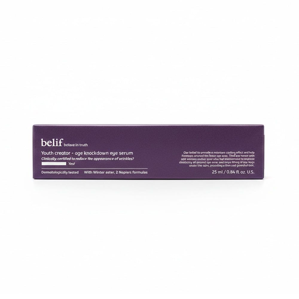 Verpackungsbox für Belif Augencreme. Lila mit weißem Text. Enthält Produktinformationen und Größe.