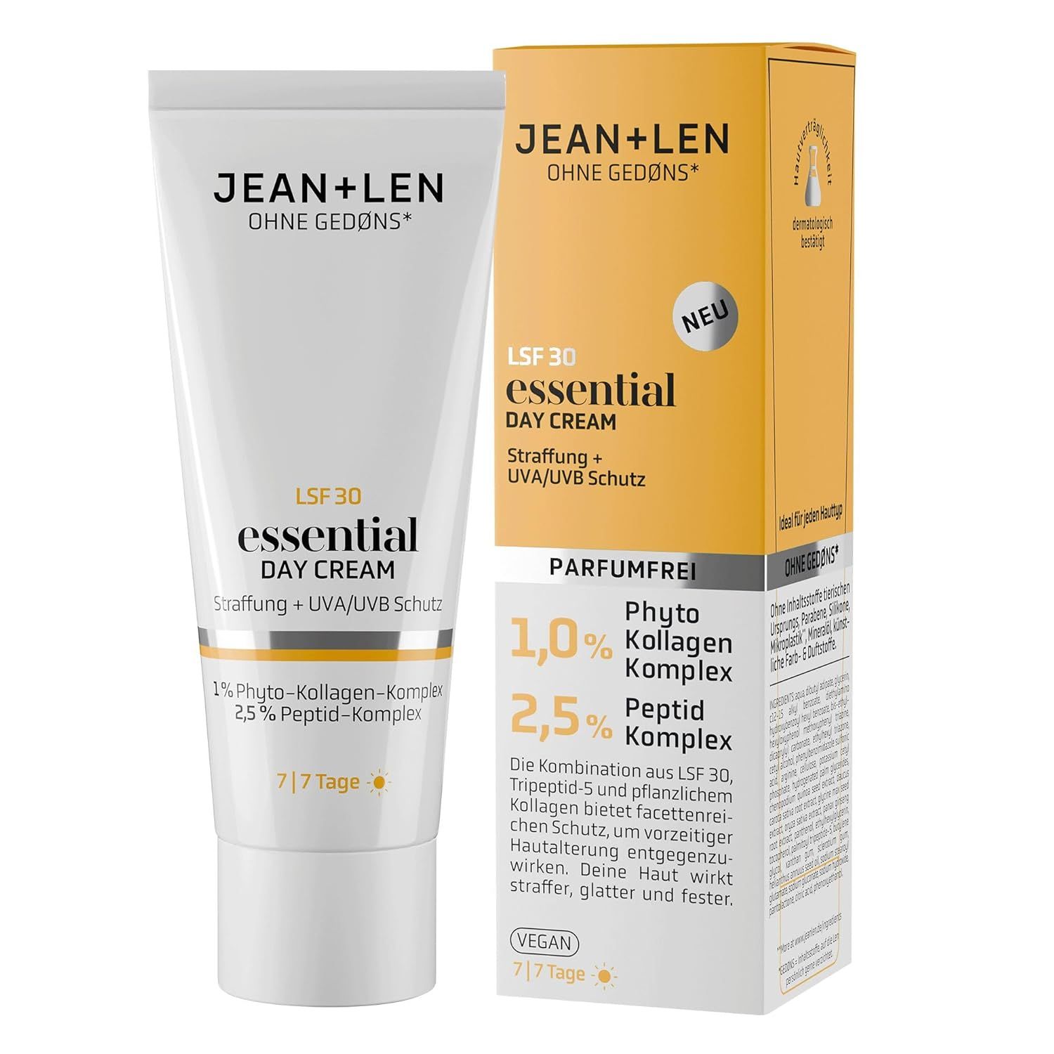 Tube und Schachtel "Jean & Len essential DAY CREAM". Text: LSF 30, vegan, parfümfrei. Inhaltsstoffe und deren Wirkung.