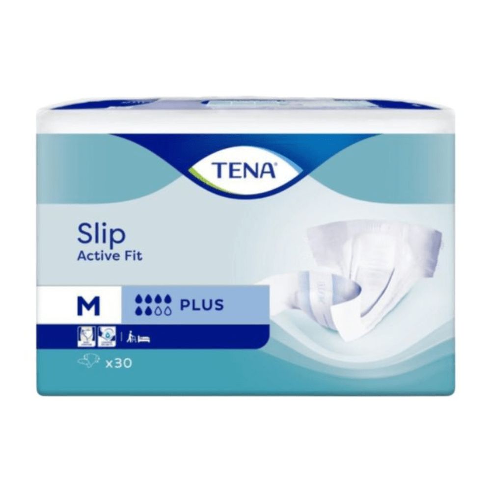 Verpackung von TENA Slip Active Fit Plus. Blau-weißes Design. Produktbezeichnung, Größe M und Saugstärke Plus.