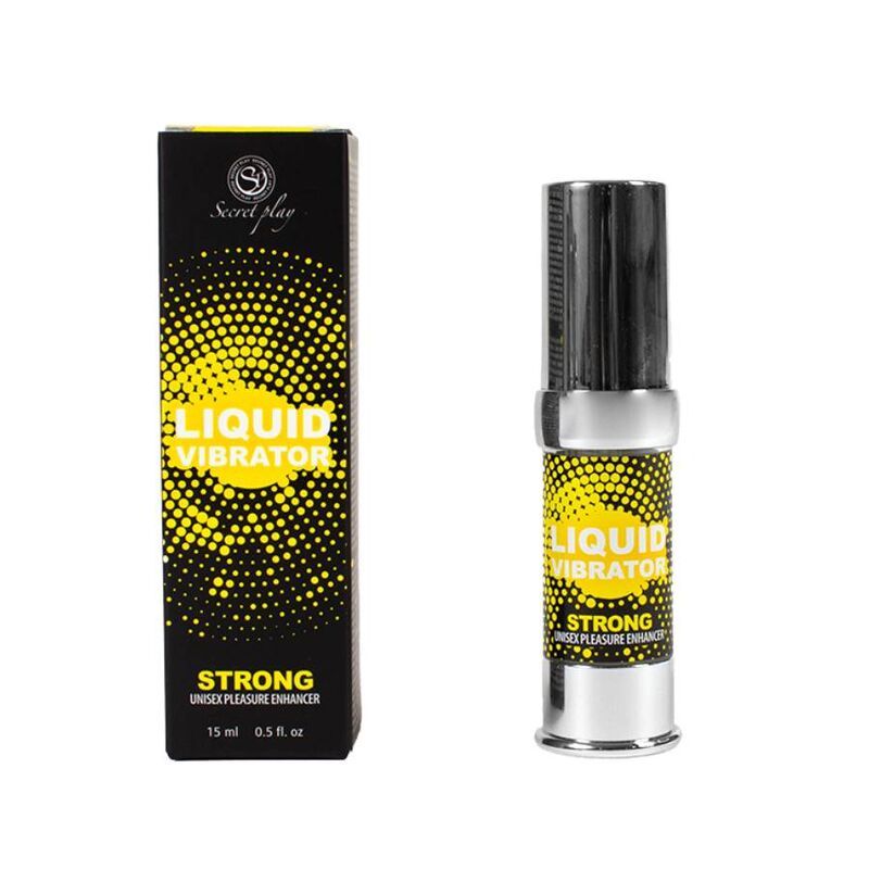 Schwarze Verpackung und silberfarbener Behälter mit gelber Aufschrift "LIQUID VIBRATOR STRONG".
