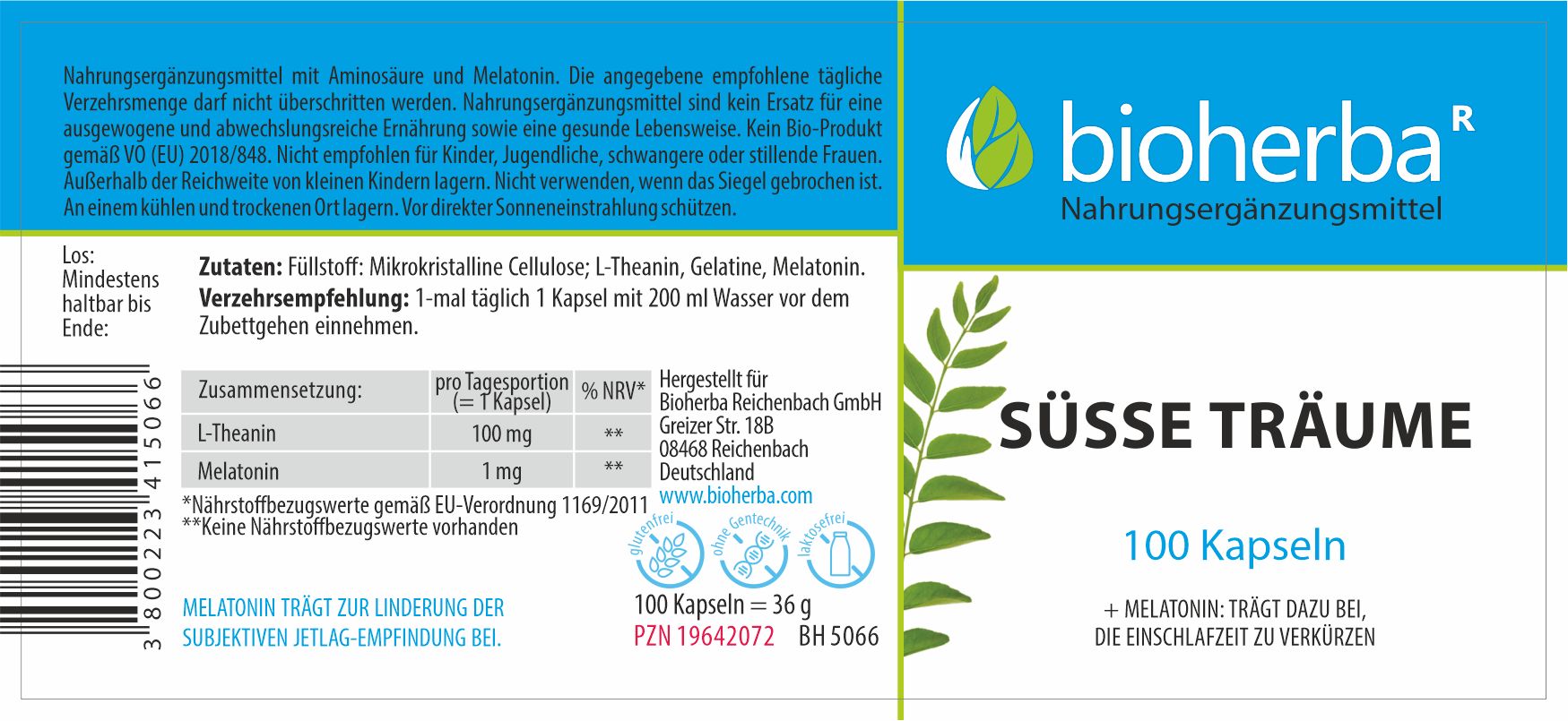 Weißes Etikett mit blauer Leiste. Produktname "Süsse Träume" und "100 Kapseln" sichtbar. Zusammensetzung und Verzehrempfehlung.