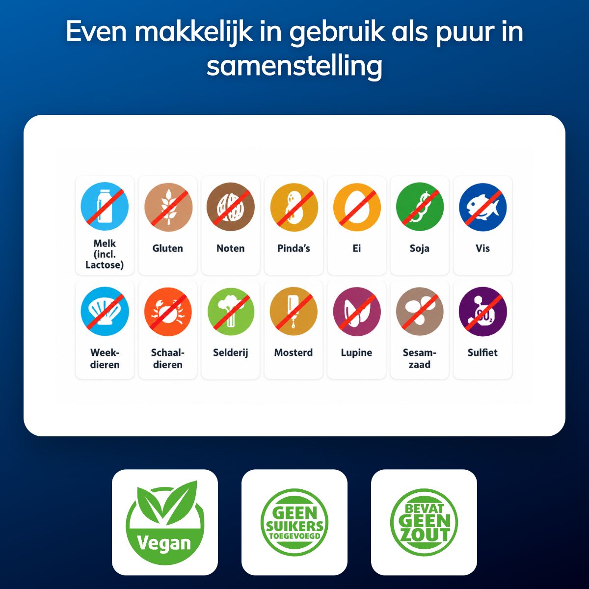 Übersicht über nicht enthaltene Allergene in Magnesiumcitrat-Tabletten, mit Siegeln für vegan, zuckerfrei und salzfrei.