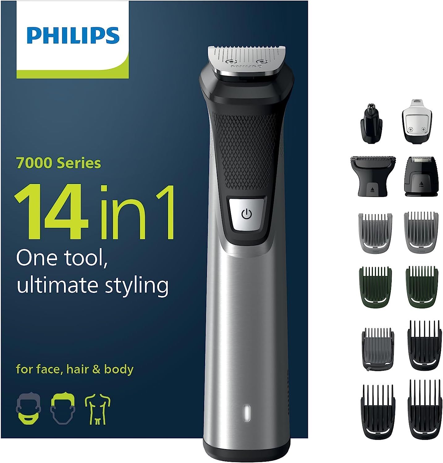 Philips Multigroom Series 7000. Silberner Trimmer mit Aufsätzen. 14-in-1-Funktion für Gesicht, Haare und Körper.