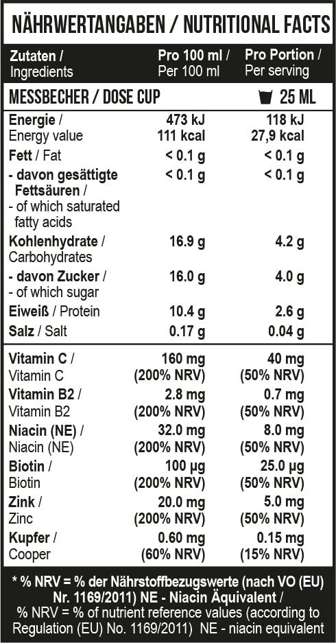 Detailansicht der Nährwerttabelle für MST Kollagen Peptiden. Zeigt Energie, Kohlenhydrate, Vitamine und Mineralstoffe.