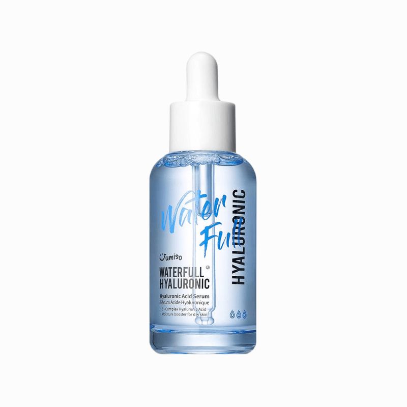 Blaue Serumflasche mit weißem Deckel und Pipette. Aufschrift: Waterfull Hyaluronic. Produktname und Inhaltsstoffe.