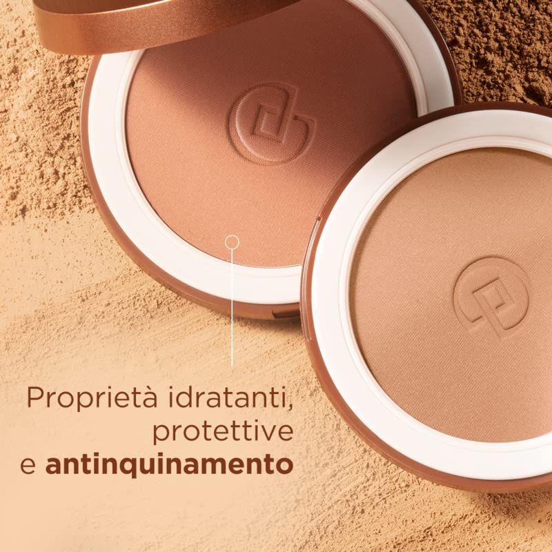 Zwei Bronzepuder in runden Dosen. Text: Proprietà idratanti, protettive e antinquinamento. Logo auf dem Puder.