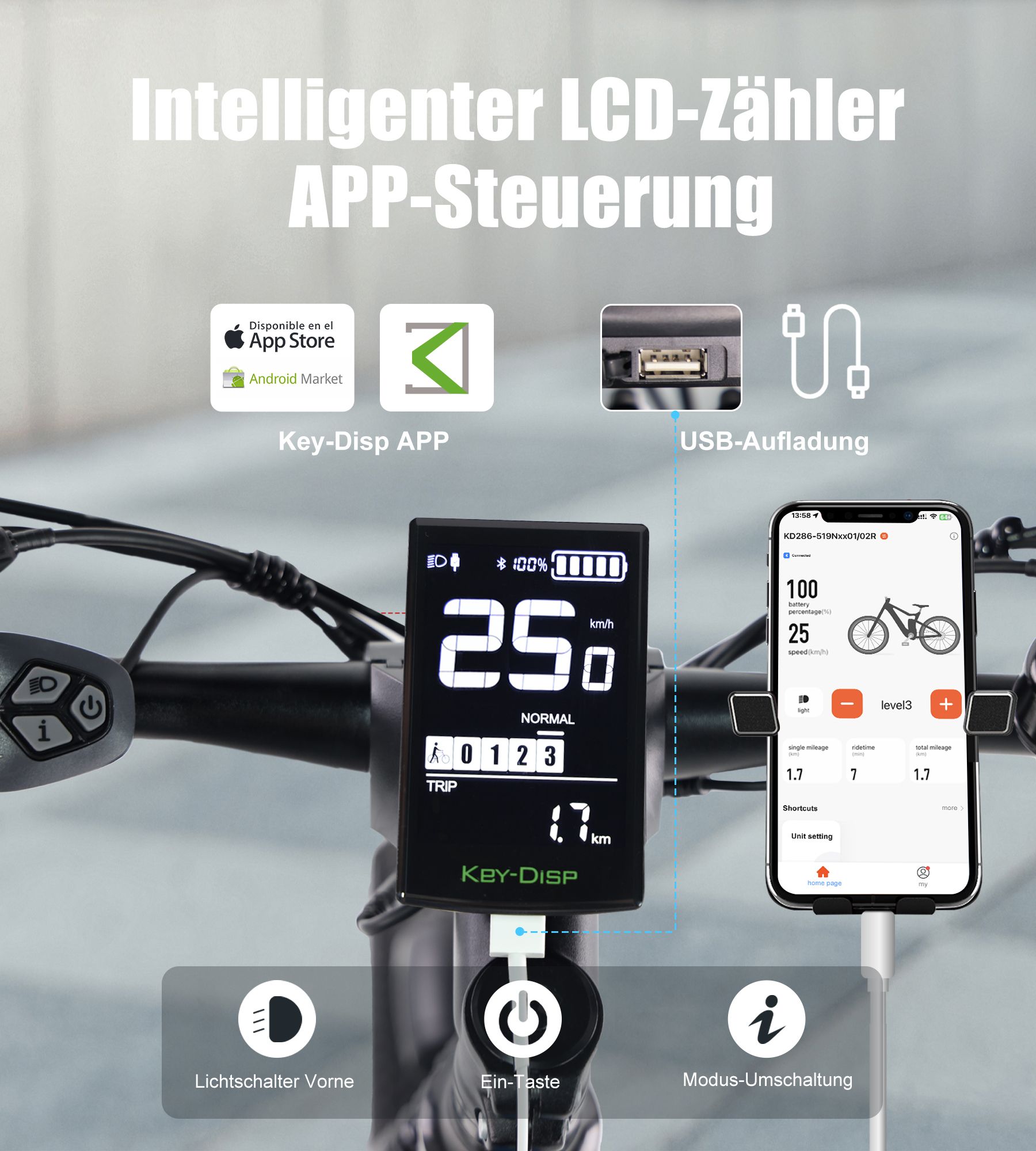 Fahrradlenker mit LCD-Zähler und Smartphone. LCD zeigt Geschwindigkeit, Akku, und Distanz. Smartphone mit App-Anzeige.