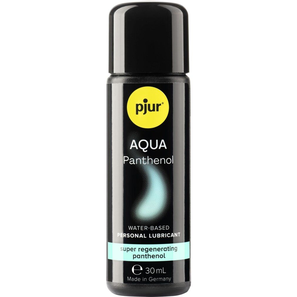Schwarze Flasche mit gelbem Logo. Aufschrift: pjur AQUA Panthenol. Text: Water-Based Personal Lubricant. 30 ml.
