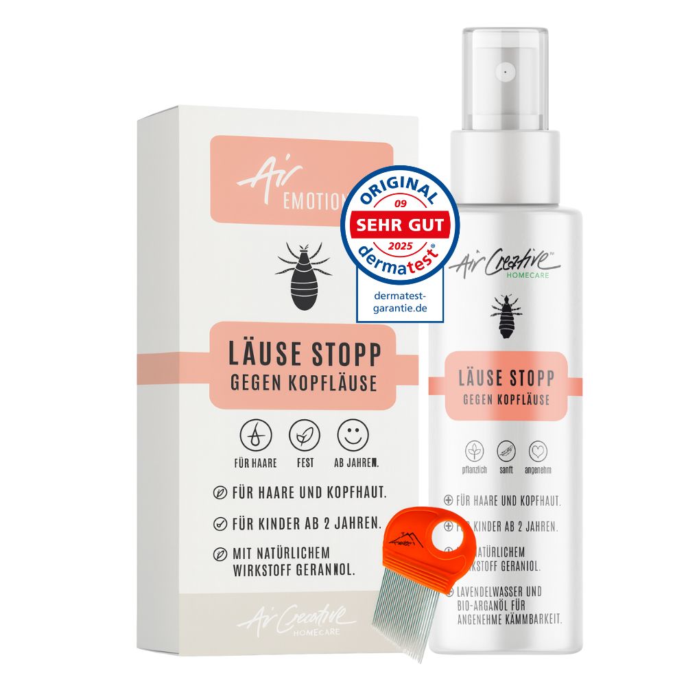 Produktverpackung und Flasche. Aufschrift: Läuse Stopp. Mit Kamm. Siegel: dermatest. Für Haare und Kopfhaut, ab 2 Jahren.