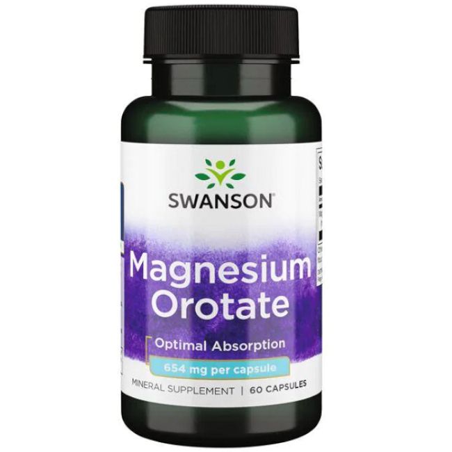 Grüne Flasche mit schwarzem Deckel. Aufschrift: SWANSON Magnesium Orotate, 654 mg pro Kapsel, 60 Kapseln.