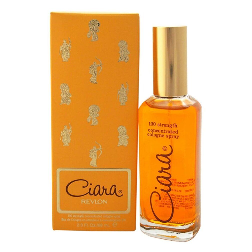 Revlon Ciara Eau de Parfum Flakon und Verpackung. Goldene Kappe, orangefarbene Flüssigkeit.