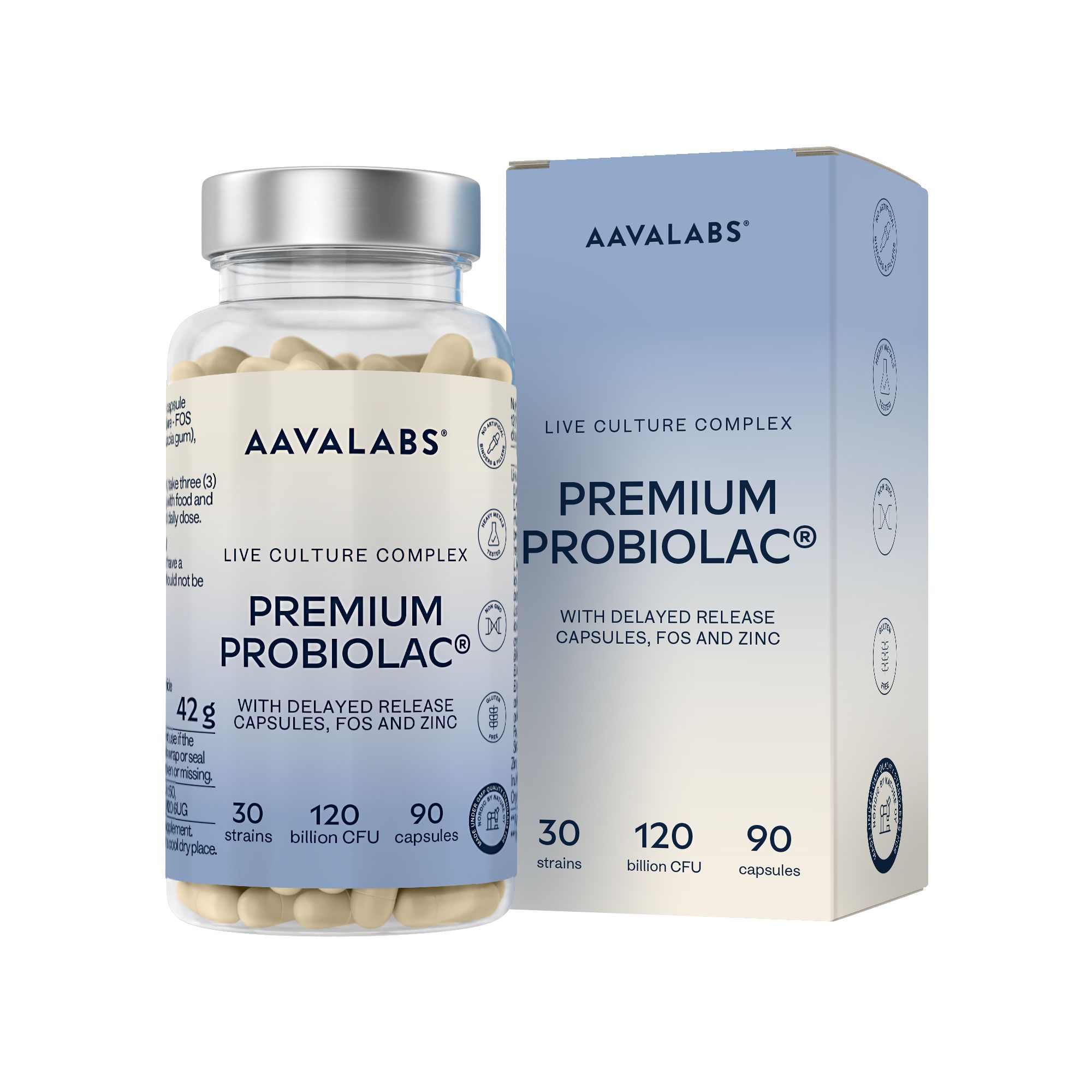 AAVALABS Premium Probiolac Kapseln (90 Stk.) und Verpackungsbox.