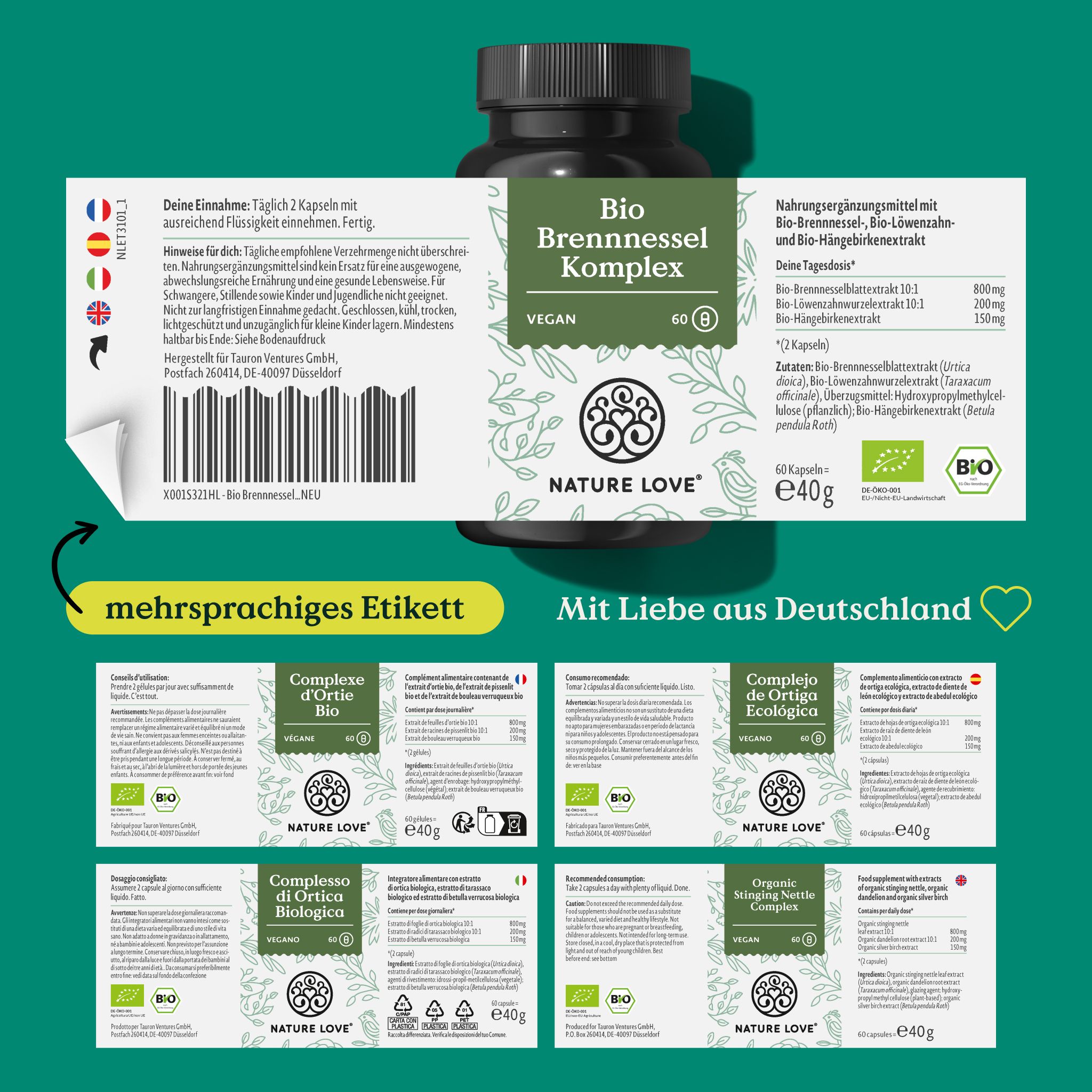 Produktetikett mit mehrsprachigen Informationen. Enthält Angaben zu Inhaltsstoffen und Anwendung. Logo: NATURE LOVE®.