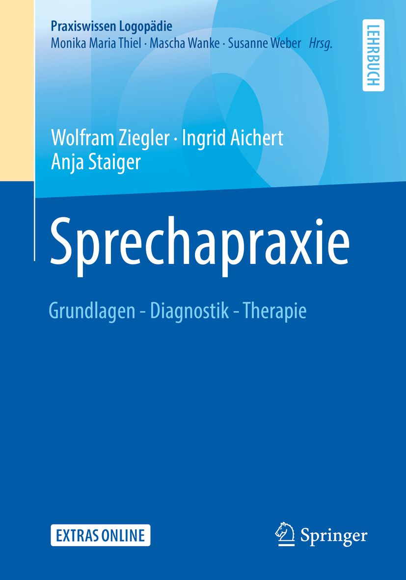 Buch Sprechapraxie. Titel in Weiß auf blauem Hintergrund. Autoren und Verlag Springer sichtbar. Lehrbuch.