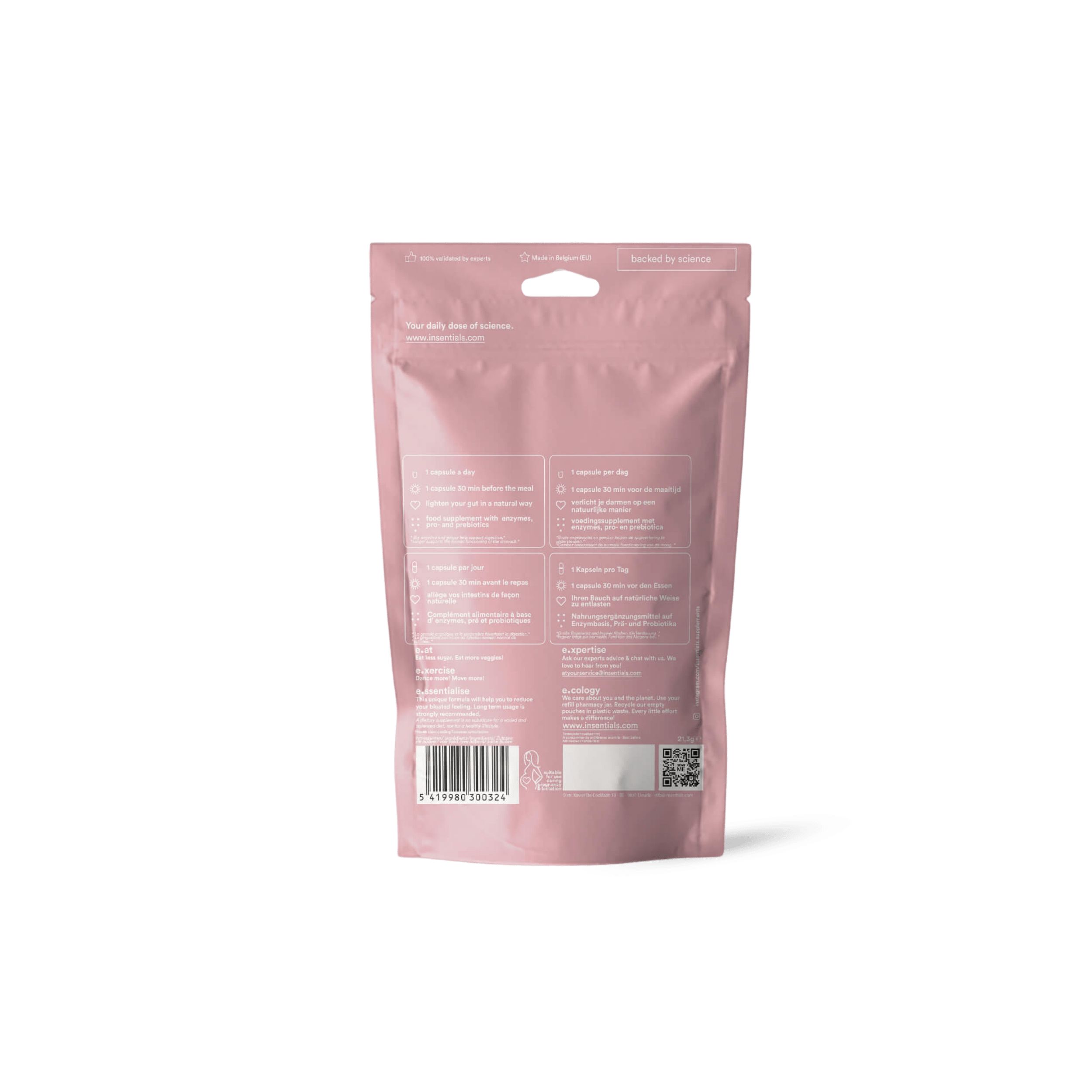 Rosa Beutel mit Produktinformationen und Barcode. Rückseite. Aufdrucke in mehreren Sprachen.