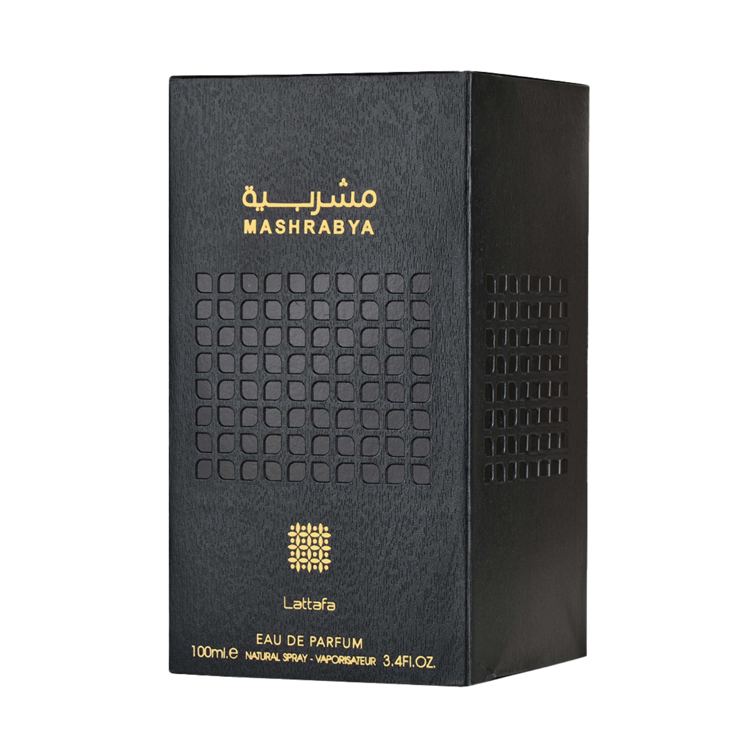 Schwarze rechteckige Verpackung. Aufschrift: Mashrabya. Lattafa-Logo. Texturierte Oberfläche. Eckige Form.