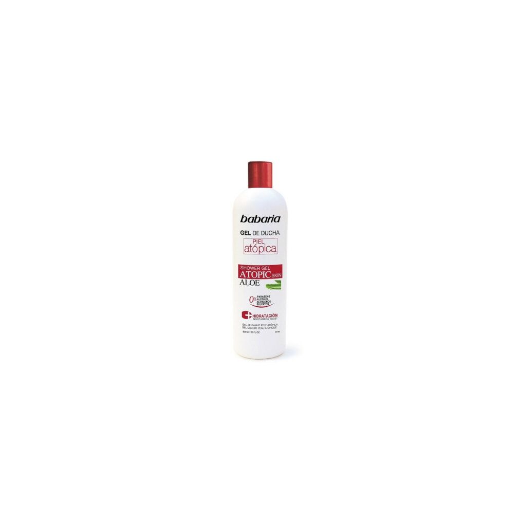 Weißes Duschgel mit rotem Deckel. Text: Babaria, Gel de Ducha, Piel Atópica, Aloe. 0% Parabene, Alkohol, Allergene, Sulfaten.