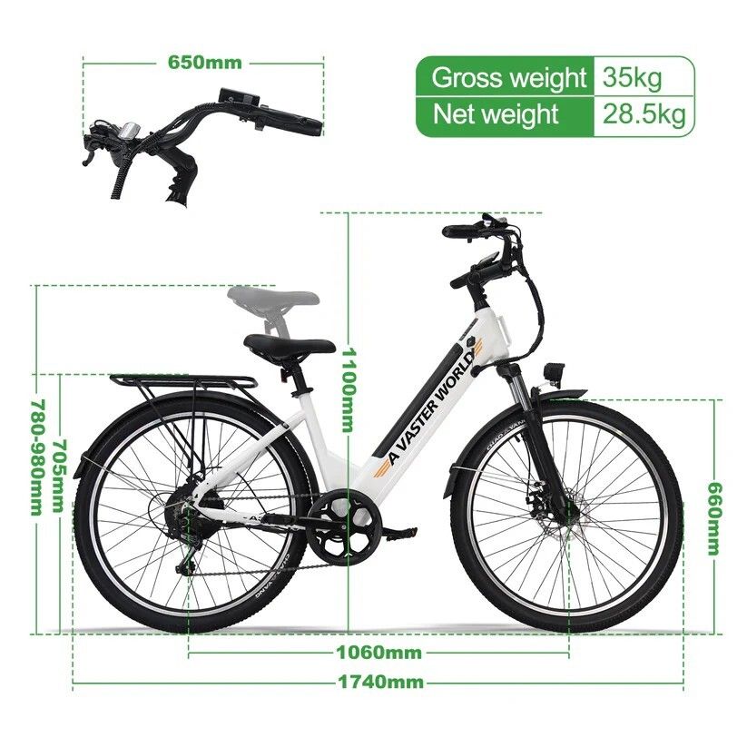 Weißes Elektrofahrrad mit Maßangaben. Gesamtgewicht 35 kg, Nettogewicht 28,5 kg. Abmessungen in mm.