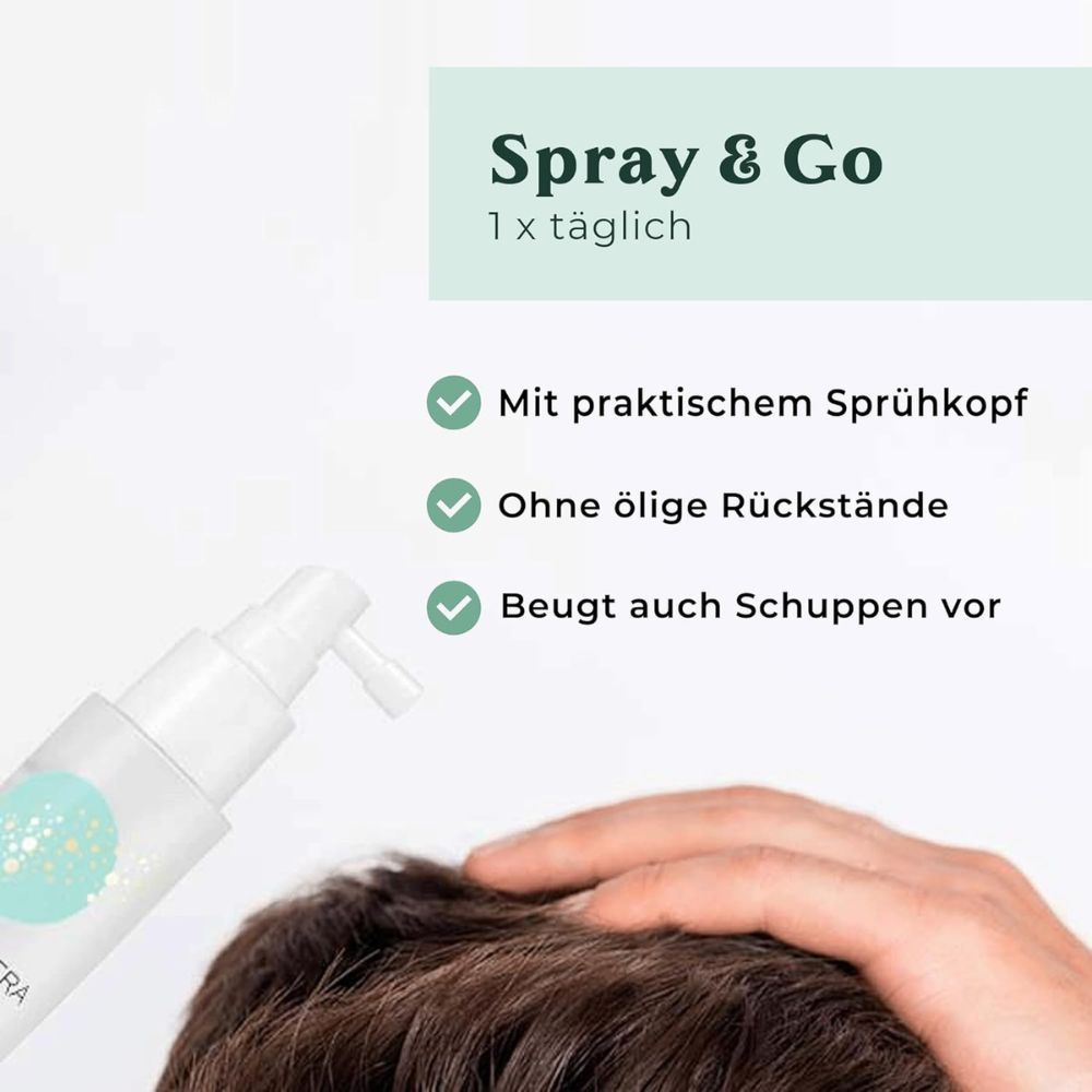 Haarwuchs Tonic mit Sprühkopf. Text: Spray & Go, 1x täglich. Mit praktischem Sprühkopf. Ohne ölige Rückstände. Beugt auch Schuppen vor.