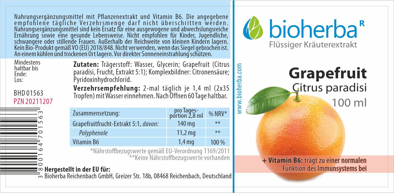 Etikett mit Produktinformationen. Bioherba Grapefruit Citrus paradisi Tropfen Tinktur. Zutaten, Verzehrempfehlung, Nährwertangaben.