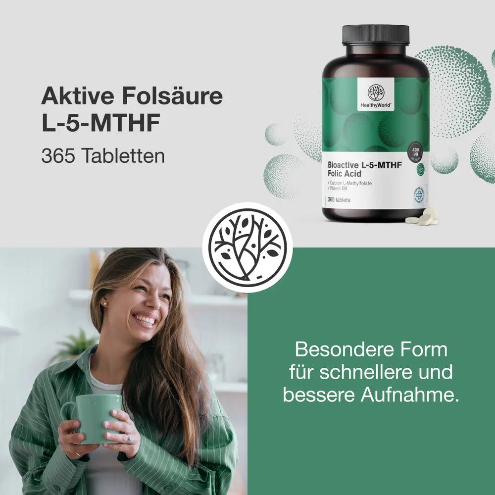 Frauen-Illustration mit Dose und Text: Aktive Folsäure L-5-MTHF, besondere Form.