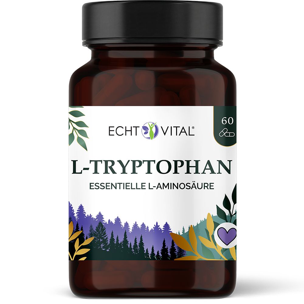 Echt Vital L-Tryptophan Kapseln: Braune Glasflasche mit schwarzem Deckel, Etikett zeigt "L-Tryptophan Essentielle L-Aminosäure".