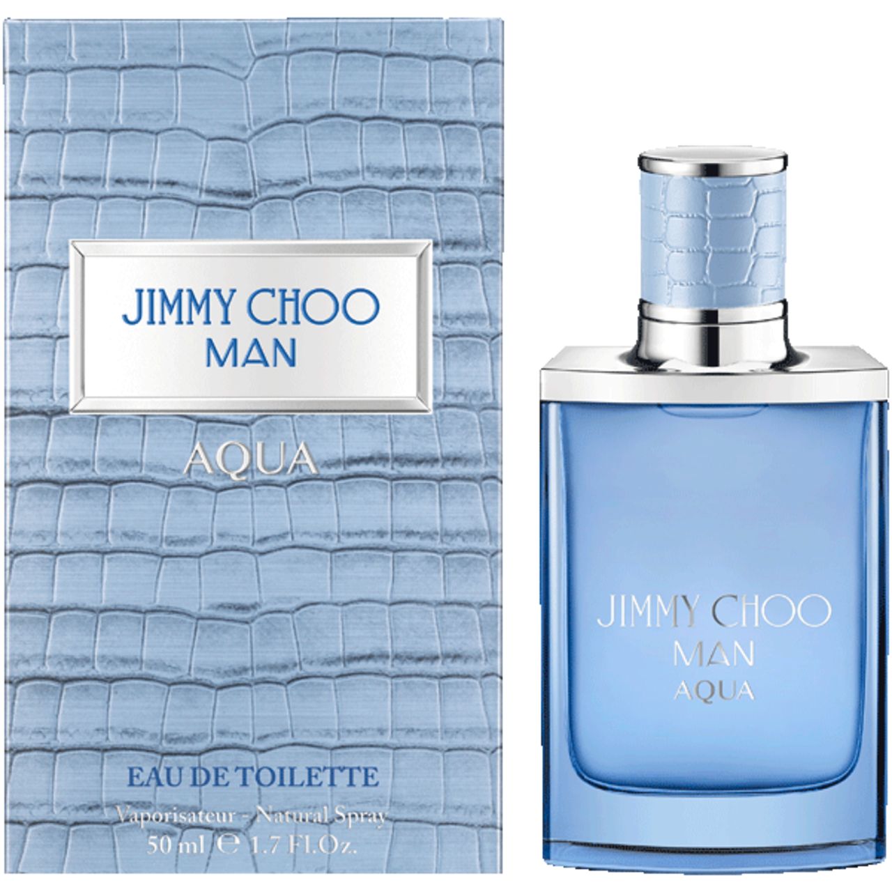 Hellblaues Parfümflakon und Verpackung. Aufschrift: JIMMY CHOO MAN AQUA. Verpackung mit Prägung.