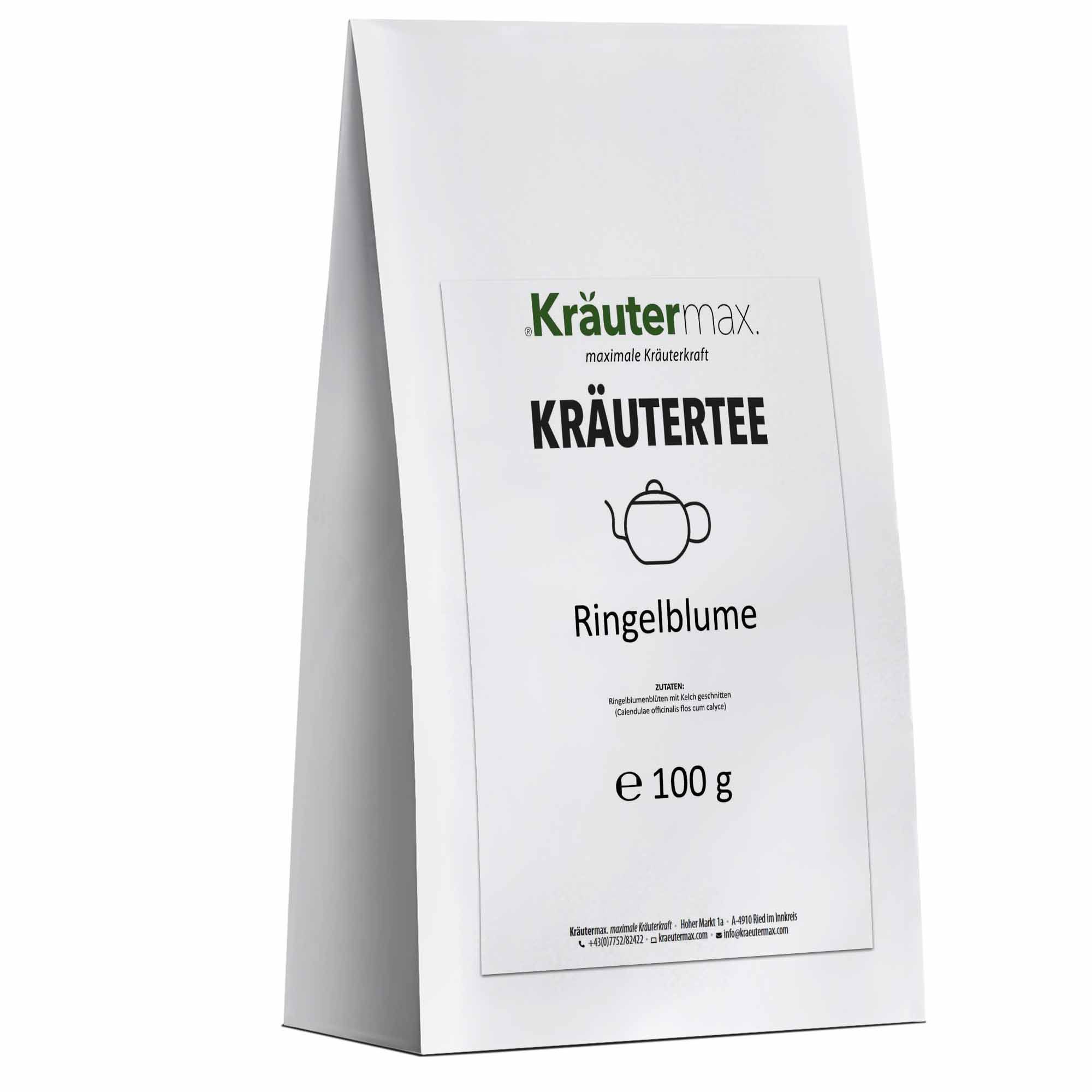 Weiße Verpackung mit Kräutertee-Etikett. Aufschrift: Kräutermax, Kräutertee, Ringelblume, Teekanne-Symbol, 100 g.