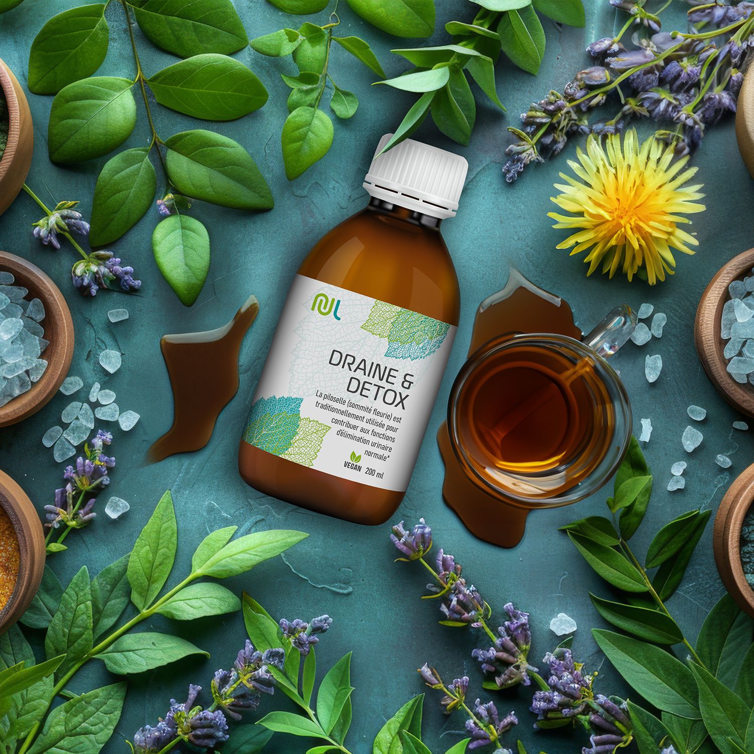 Braune Flasche mit weißem Deckel. Etikett mit Logo, Blättern und Text: Draine & Detox. Vegan. Mit Tasse und Zutaten.