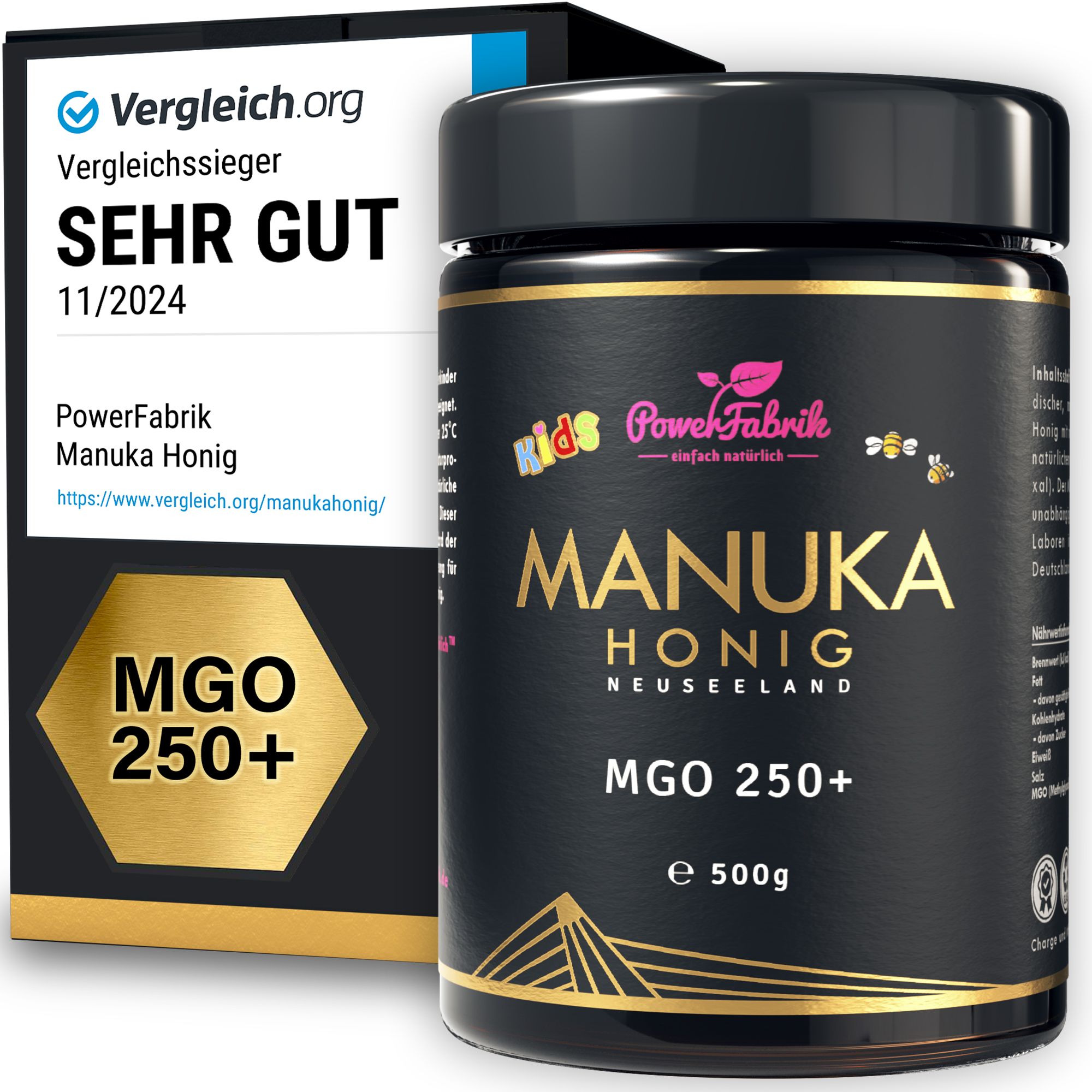 Honigdose mit MANUKA HONIG und eine Verpackung mit dem Logo 'Sehr Gut'. Aufschrift: MGO 250+.