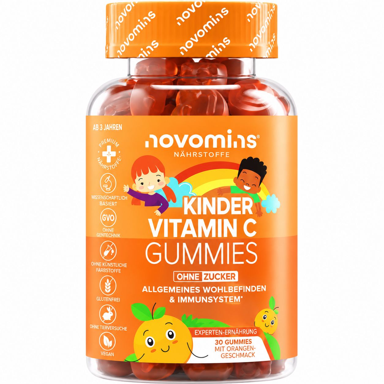 Novomins Kinder Vitamin C Gummies ohne Zucker für allgemeines Wohlbefinden und Immunsystem.