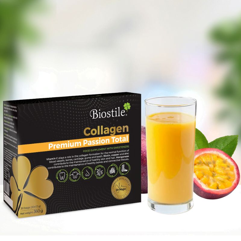Schachtel Biostile Collagen Premium Passion Total. Glas mit Getränk, Passionsfrucht. Ergänzungsmittel.