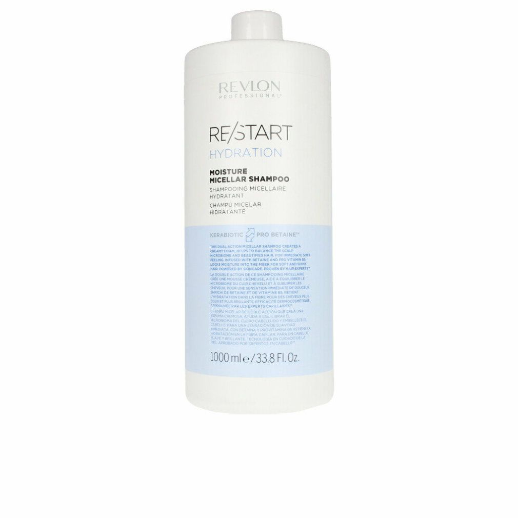Revlon Re-Start Hydration Shampoo. Weiße Flasche mit blauem Etikett. Text: RE/START Hydration, Moisture Micellar Shampoo.