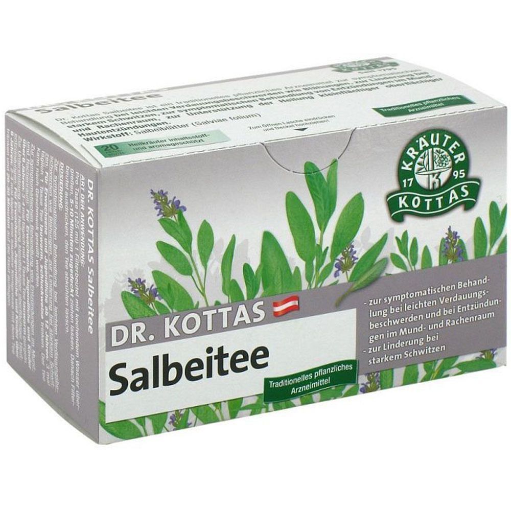 Dr. Kottas Salbeitee-Schachtel. Kräuterabbildung, Text und Logo. In Arzneibuchqualität. Winkelansicht.