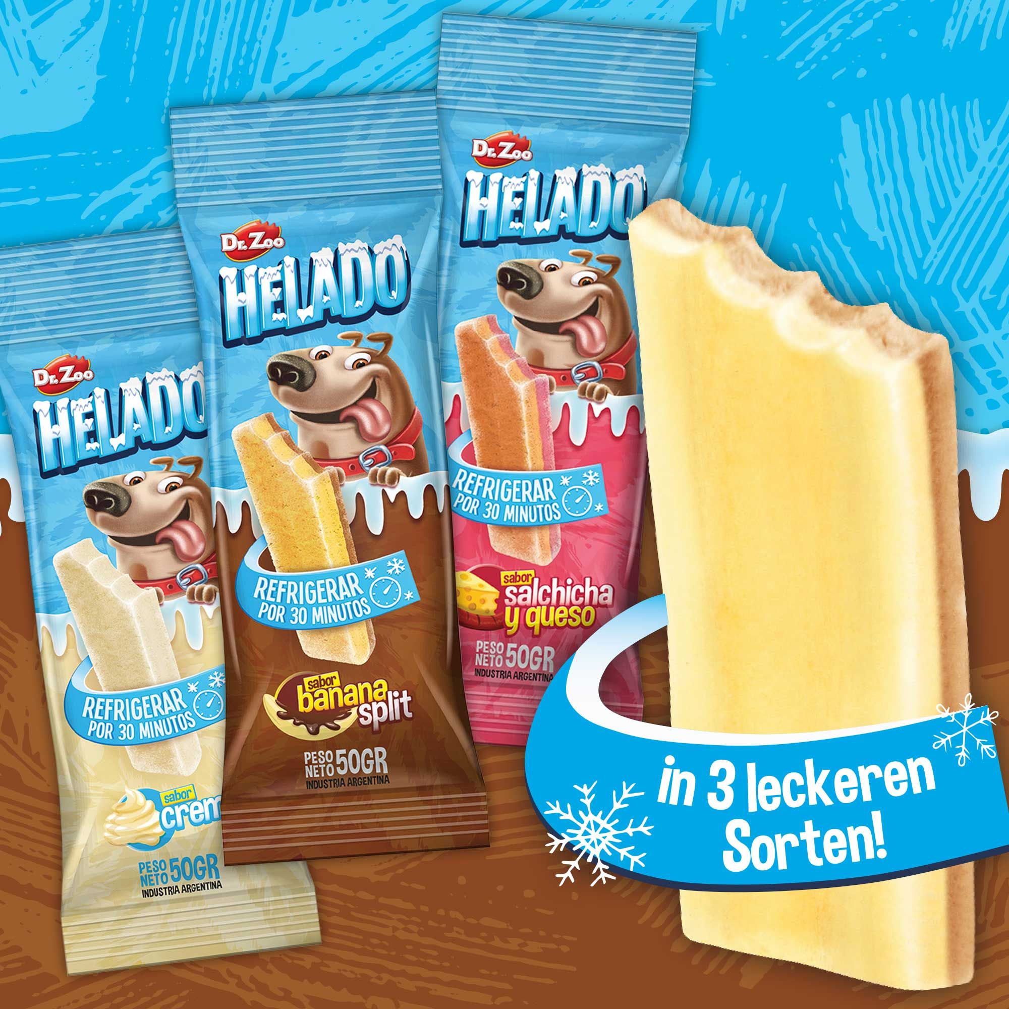 Drei gefrorene Hundesnacks in Verpackungen. Aufschrift: Helado, Dr. Zoo. Ein Snack mit Biss. Text: in 3 leckeren Sorten!