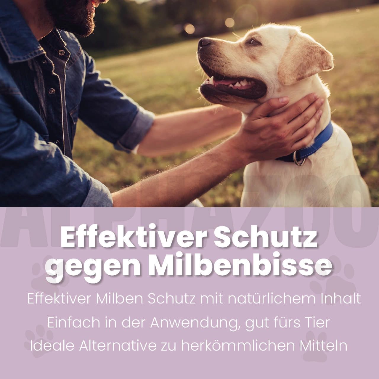 Ein Mann streichelt einen Hund. Text: Effektiver Schutz gegen Milbenbisse. Natürliche Inhaltsstoffe, gut fürs Tier.