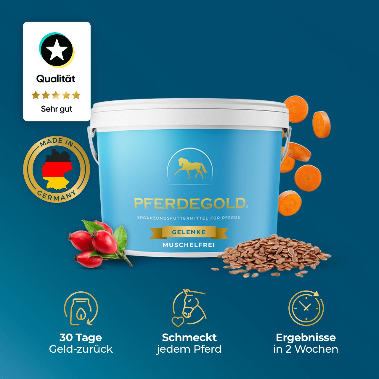 Blauer Eimer mit Pferdegold-Logo, Karotten, Hagebutten und Leinsamen. Qualitätssiegel und "Made in Germany"-Logo.