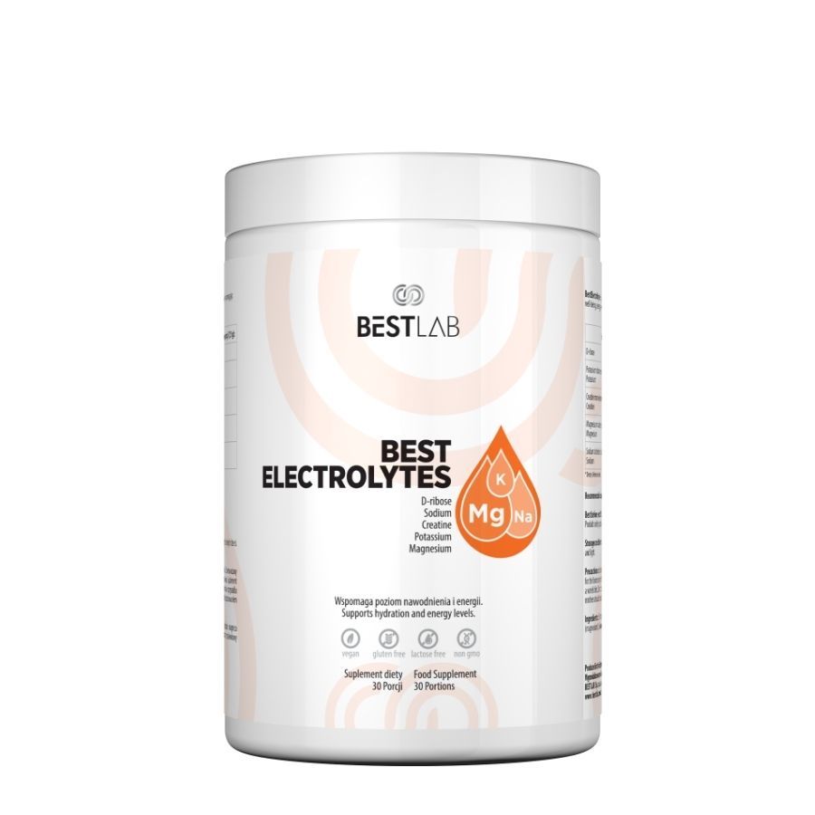 Weißer Behälter mit Aufschrift BEST LAB BEST ELECTROLYTES. Orangefarbene Tropfen-Grafik mit Mineralien. Nahrungsergänzungsmittel.