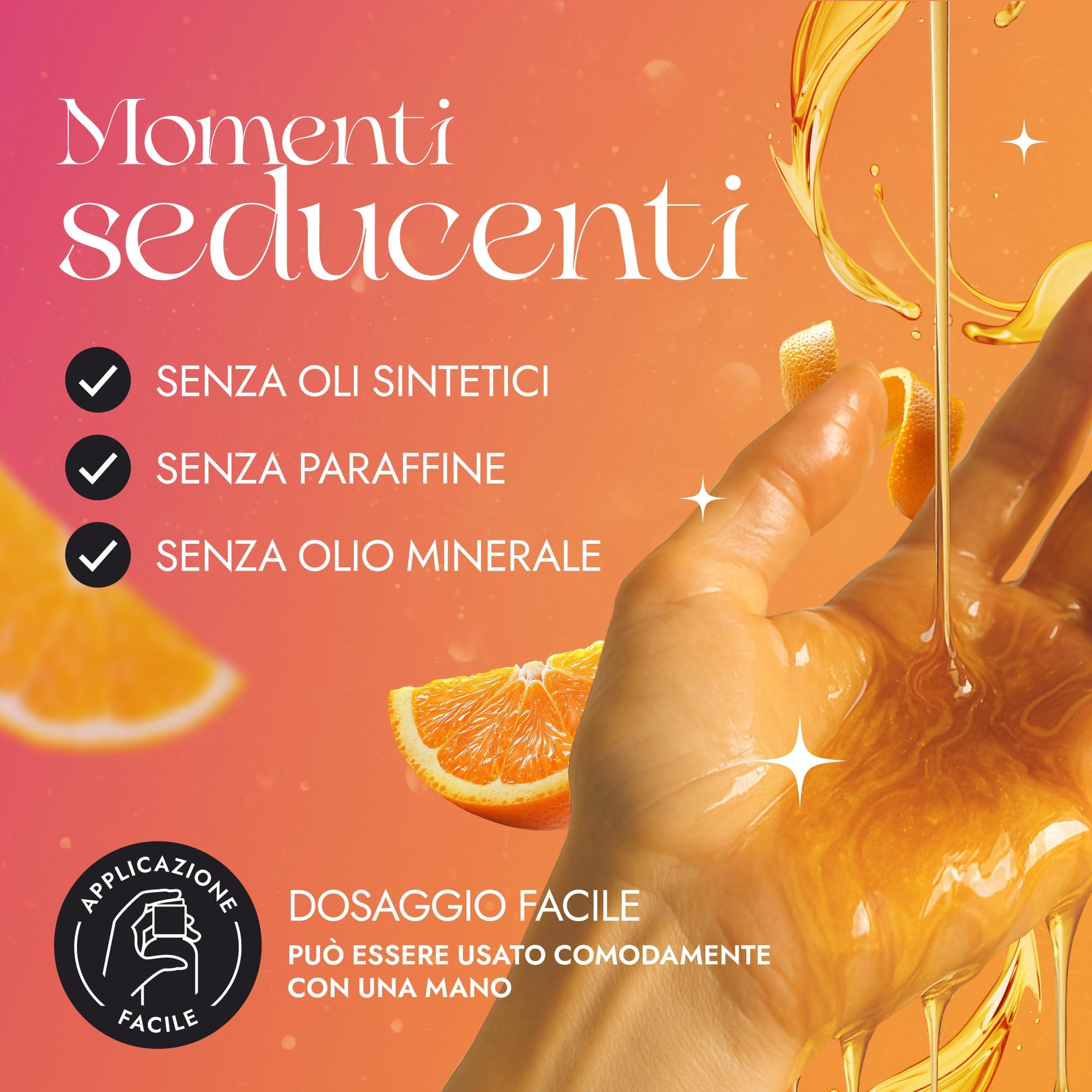 Hand gießt goldenes Öl aus einer Flasche, Orangenschale im Hintergrund.