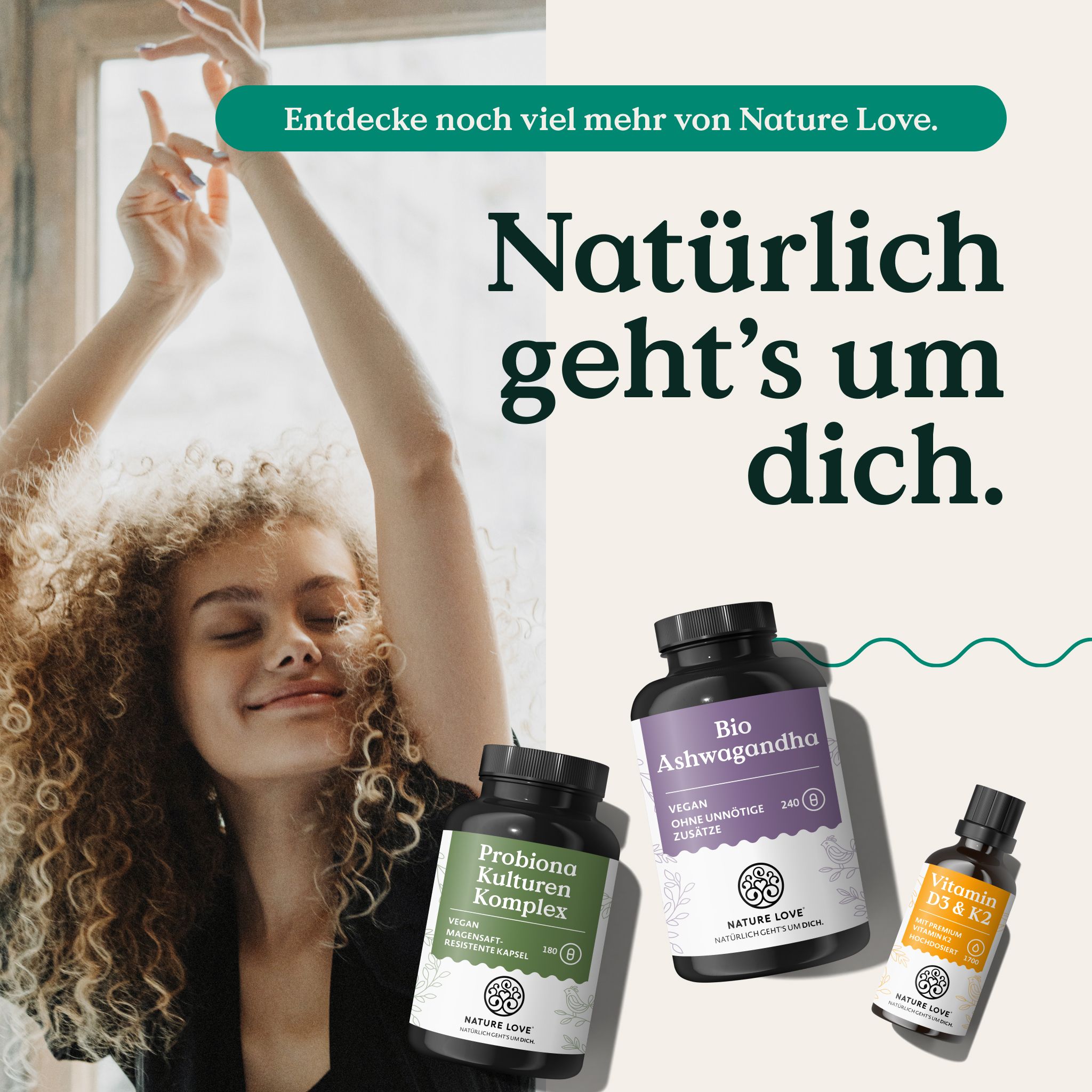 Flaschen mit Nahrungsergänzungsmitteln: Probiotika, Ashwagandha, Vitamin D3+K2.