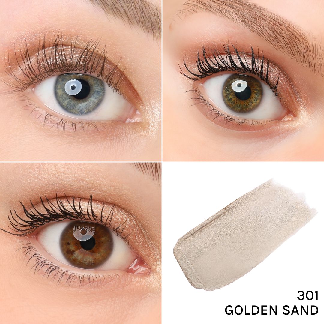 Nahaufnahme von drei Augen mit Lidschatten. Unten rechts: Lidschatten-Abstrich in Gold. Text: 301 GOLDEN SAND.