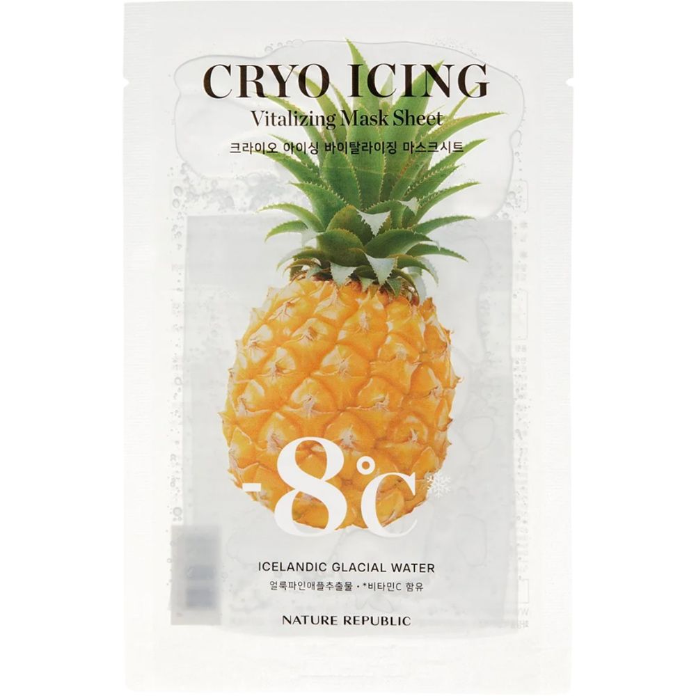 Gesichtsmaske mit Ananas-Motiv. Aufschrift: Cryo Icing Vitalizing Mask Sheet. Marke: NATURE REPUBLIC. Temperaturanzeige: -8°C.