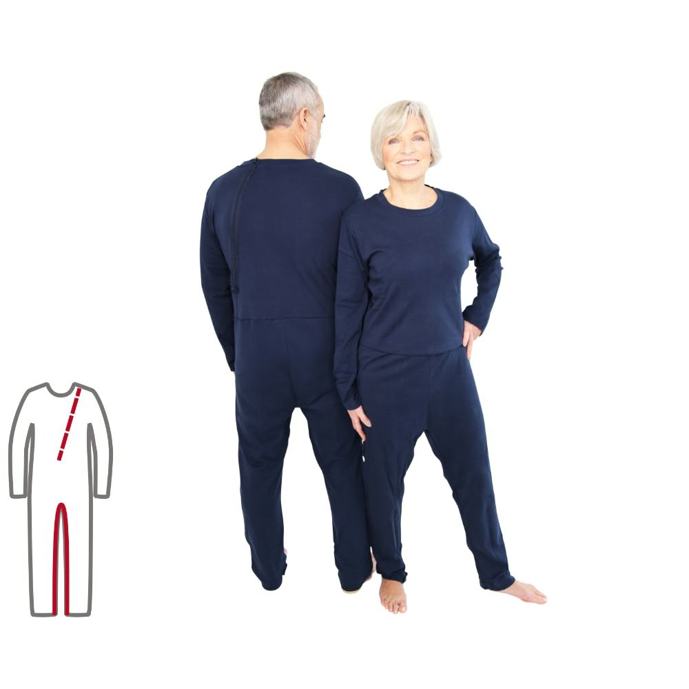 Blauer Overall mit Bein- und Rücken-RV. Zwei Personen tragen den Overall. Eine Person schaut in die Kamera.