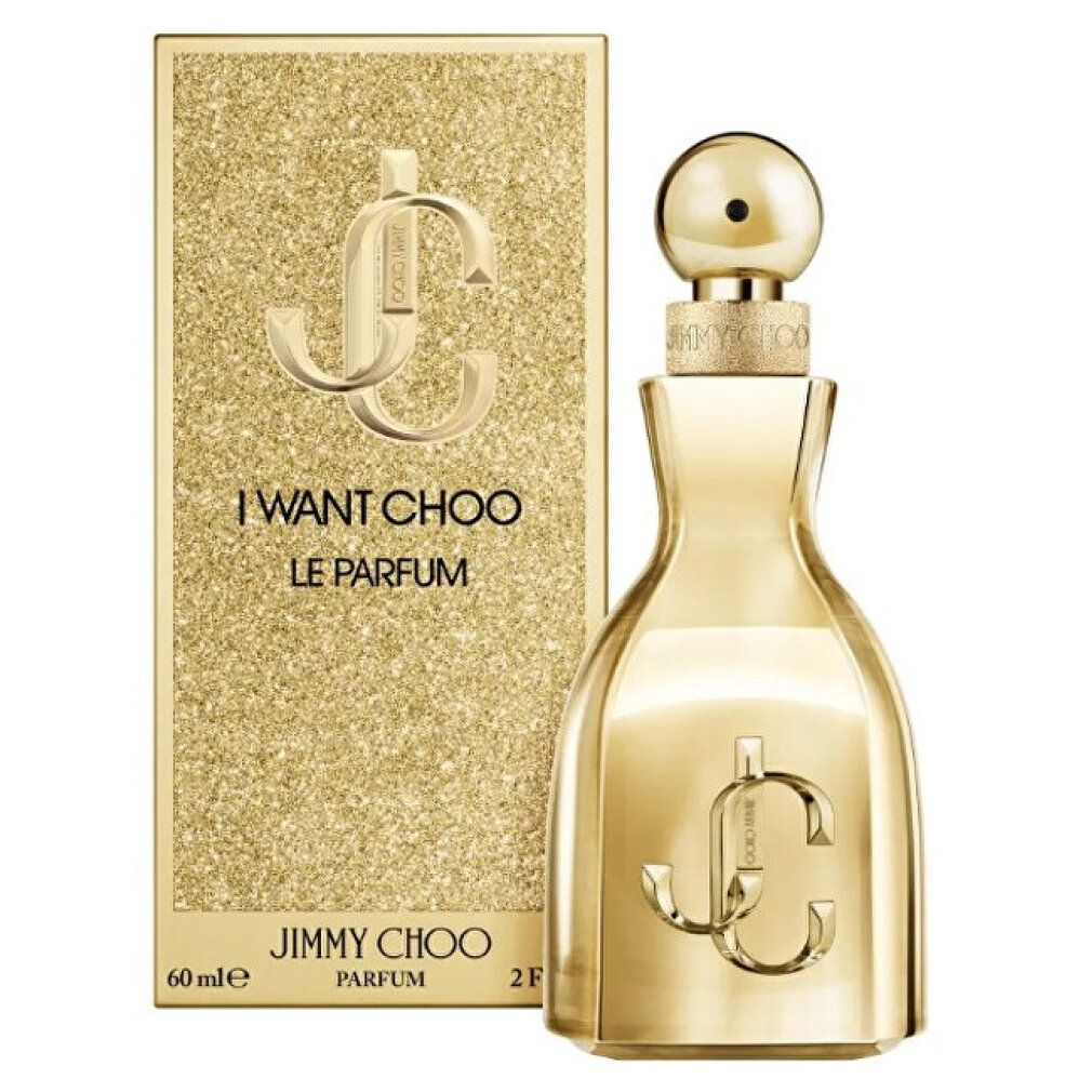 Goldfarbene Parfümflasche und Verpackung. Aufschrift "I WANT CHOO LE PARFUM". Marke "JIMMY CHOO".