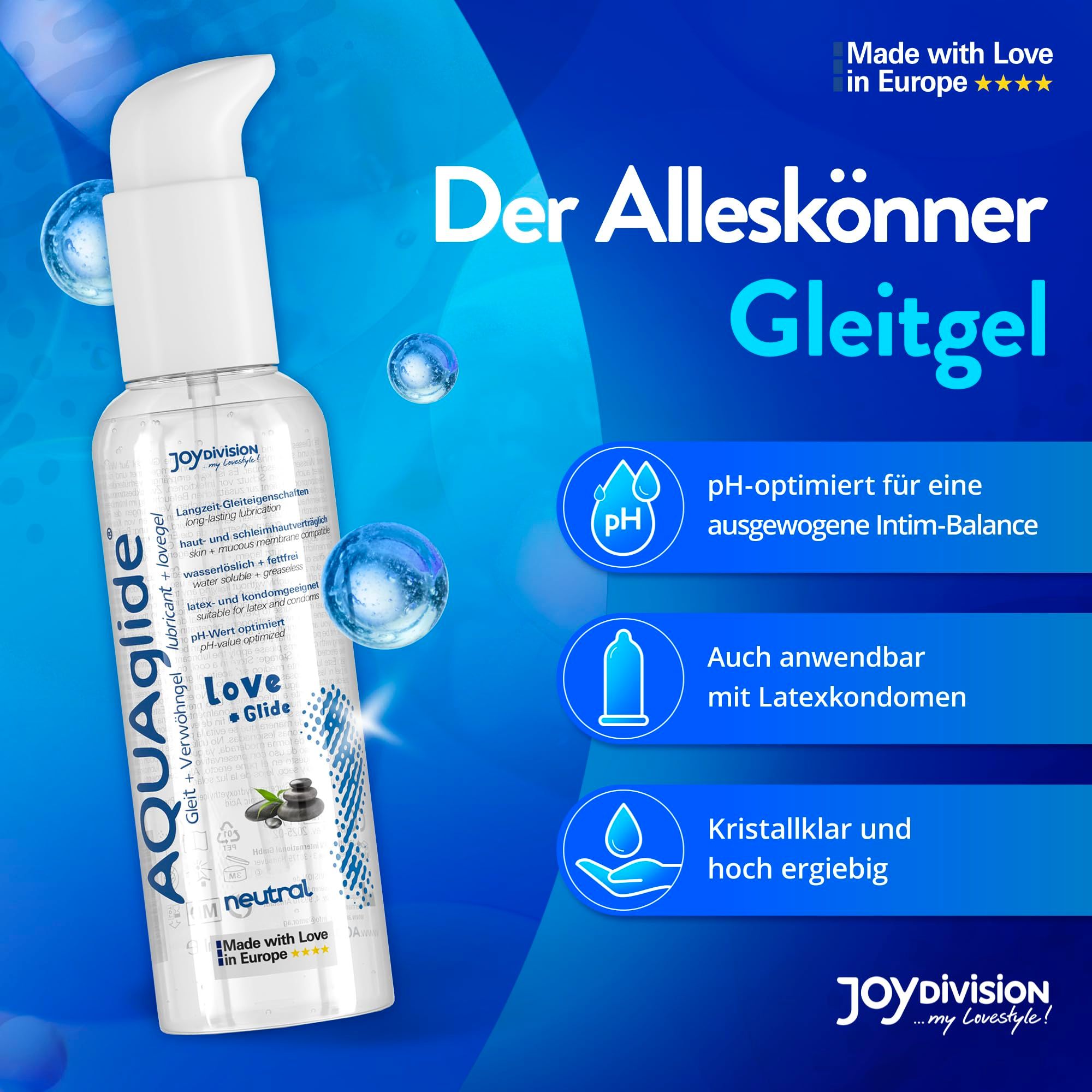 AquaGlige Neutral Gleitgel. pH-optimiert, für Latexkondome geeignet. Klar und ergiebig.