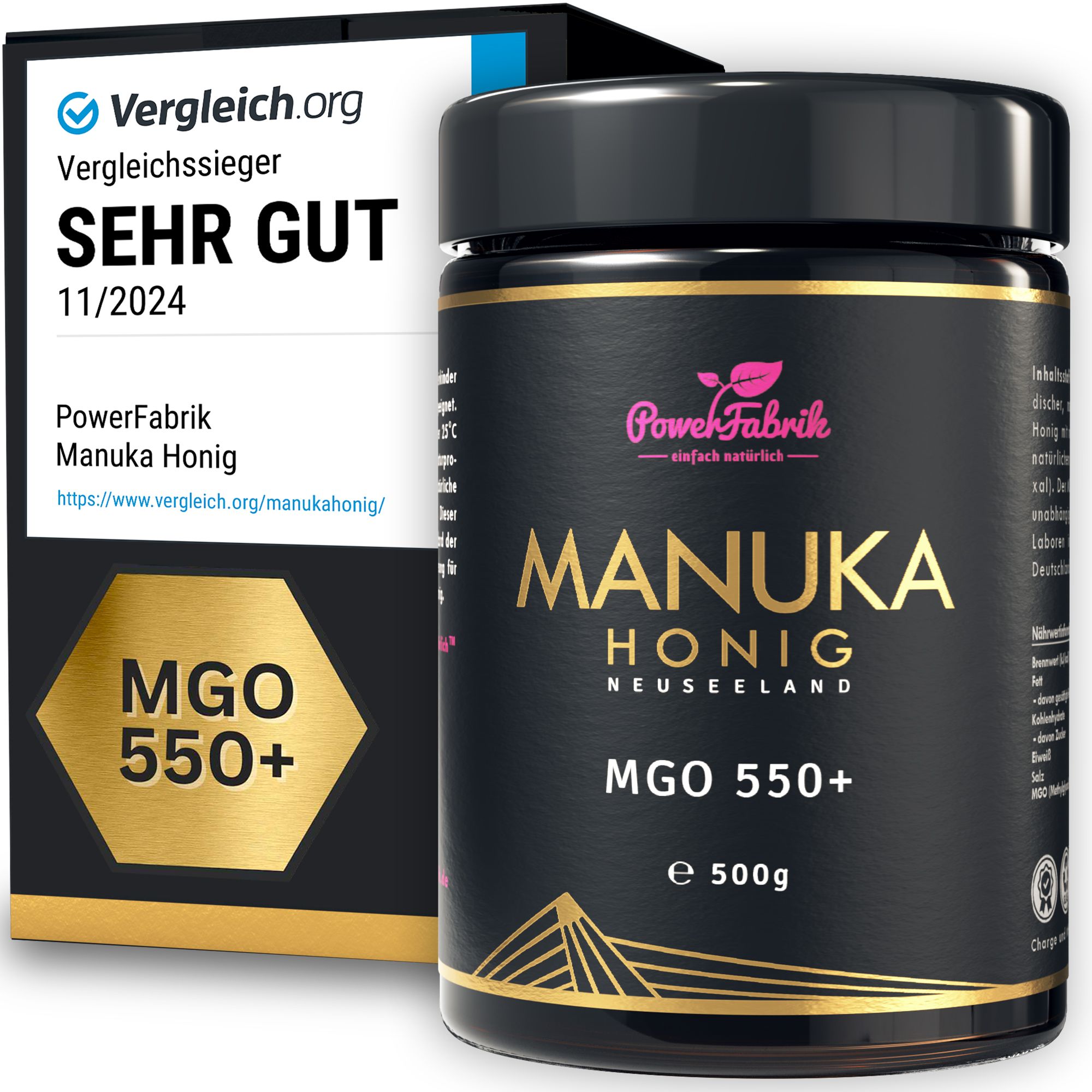 Schwarzes Glas mit goldfarbenem Etikett. Aufschrift: Manuka Honig, MGO 550+. Auszeichnung.